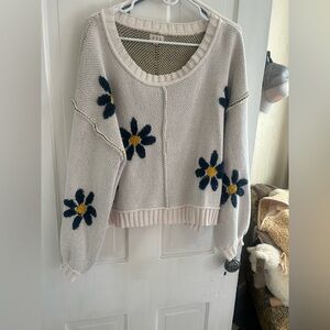 POL Floral Knit Sweater - Cream with Navy and Mustard Accents
